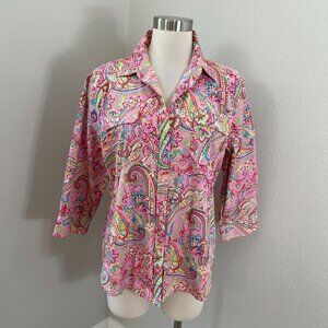 Chaps Classics Womens XL Pink Paisley Button Up Shirt 3/4 Sleeve Blouse Colorful